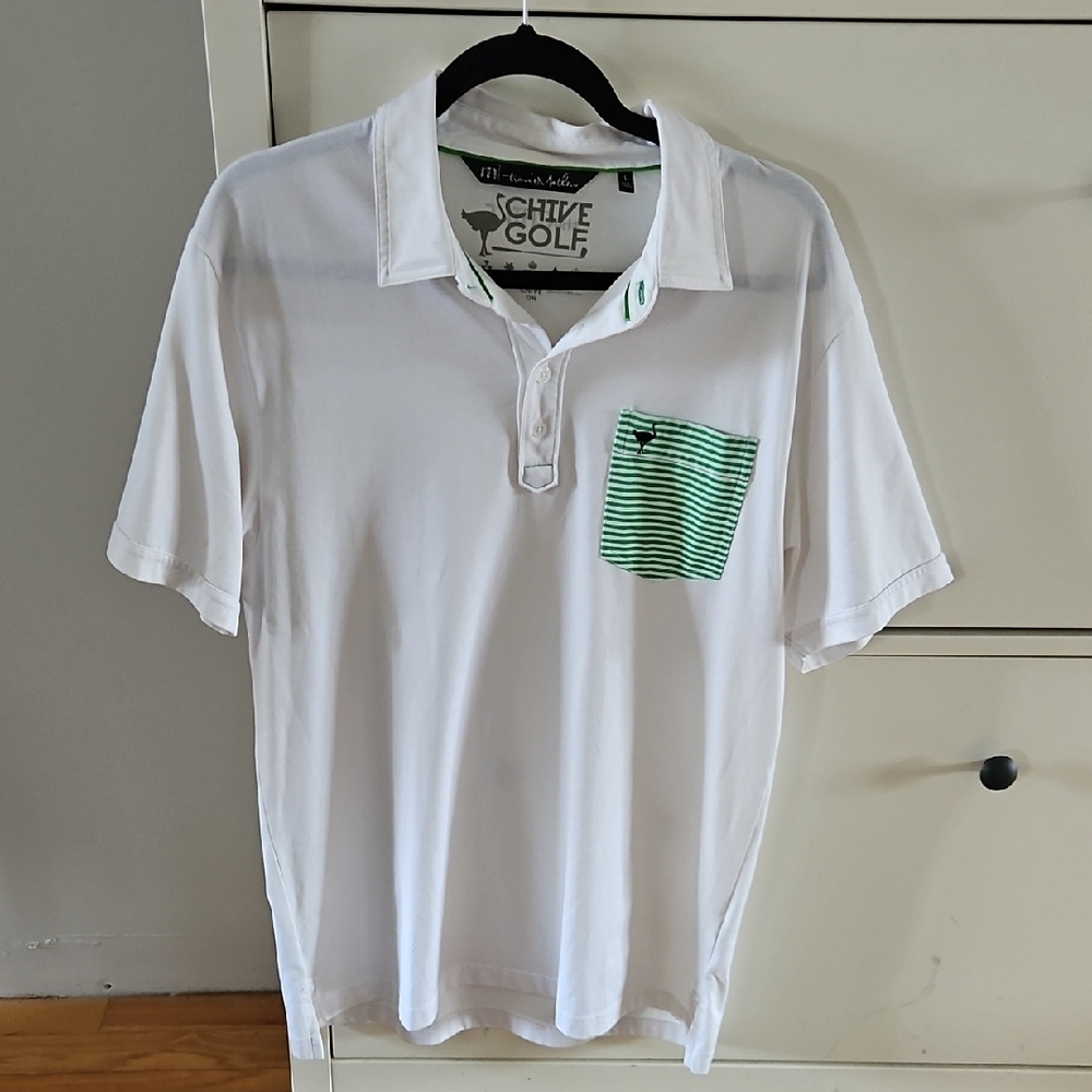 Travis Mathew & Chive Collab Performance White Polo with Green Striped Pocket
